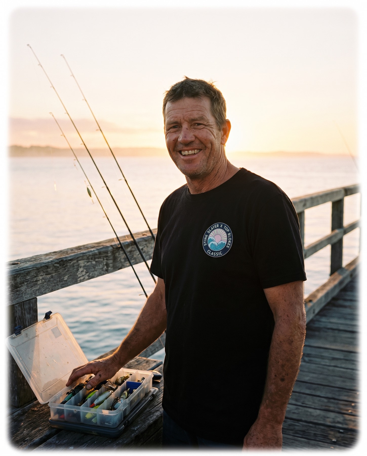 Angler on a jetty at sunrise with a tackle box